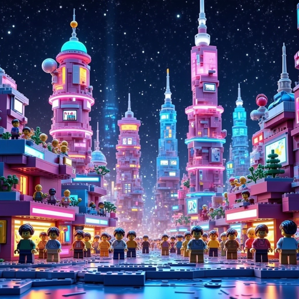 Futuristic LEGO cityscape under a starry night sky