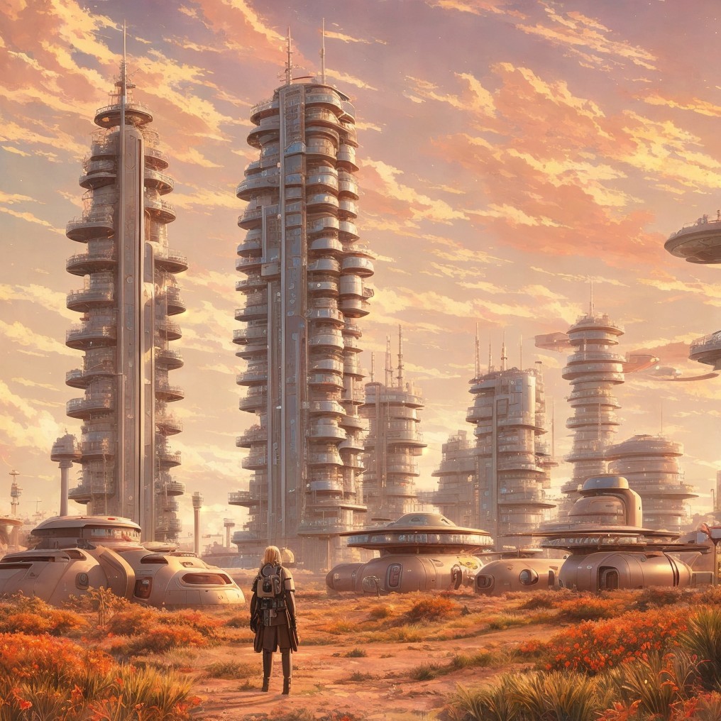 Futuristic skyline with skyscrapers and vibrant sunset