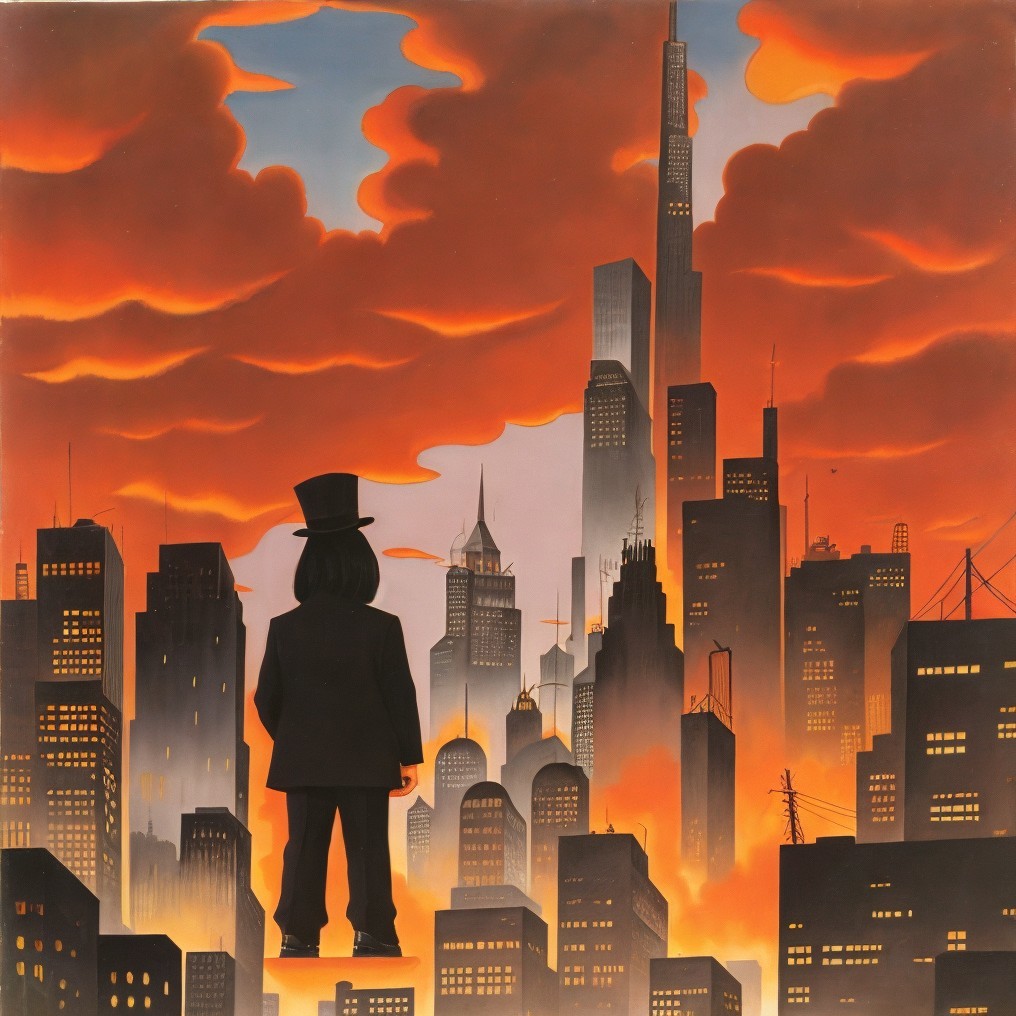 Silhouetted Figure Overlooks Stylized Cityscape at Dusk
