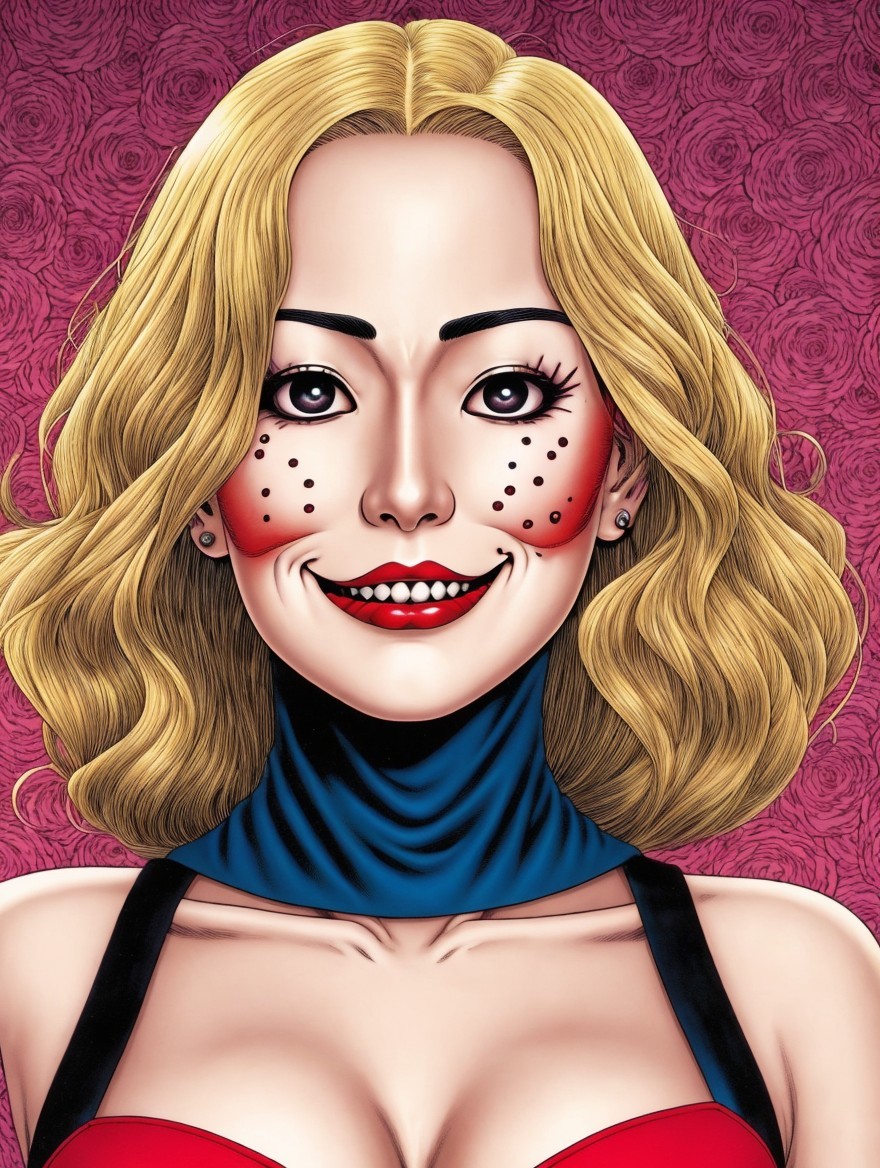 Cartoonish Woman with Playful Smile and Floral Background