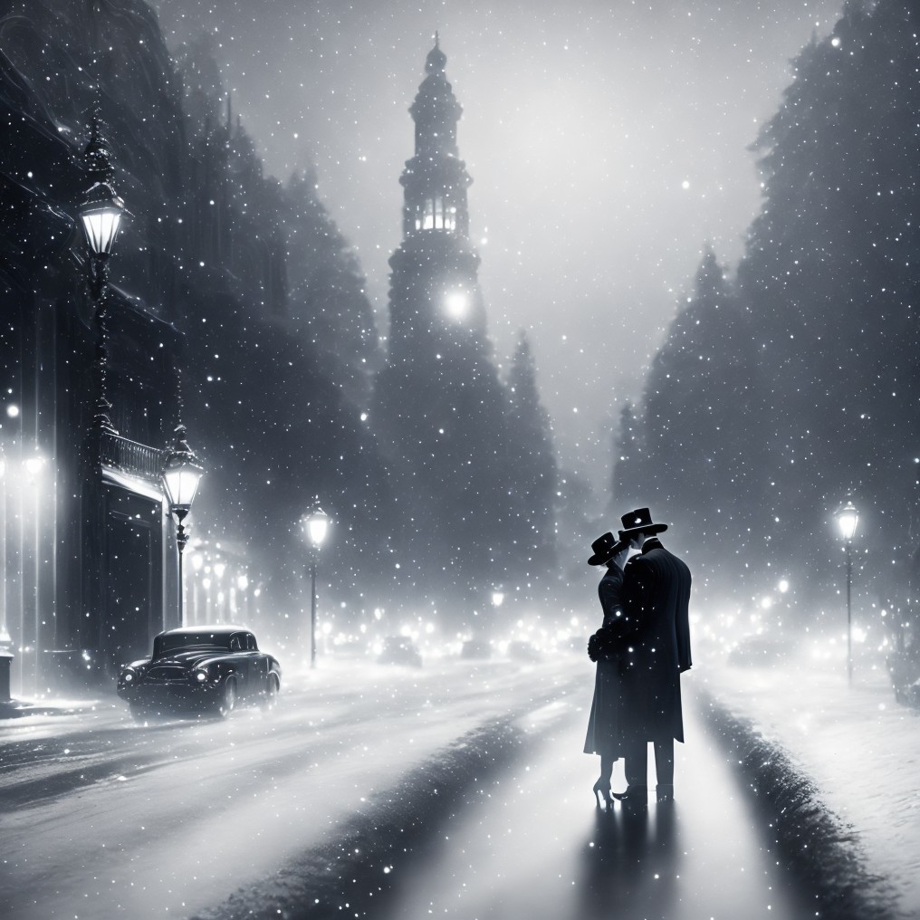 Romantic Winter Scene with Snowy Embrace and Tower
