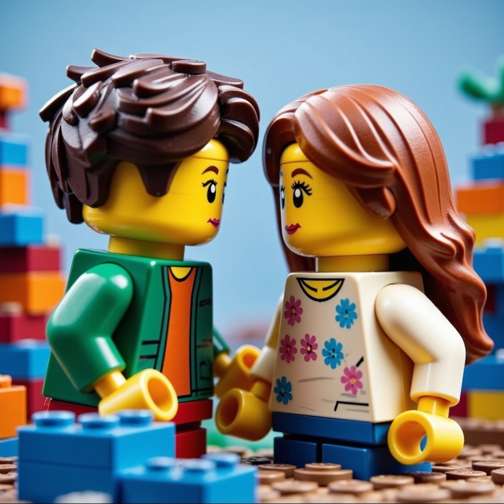 LEGO Figures Smiling with Colorful Brick Background