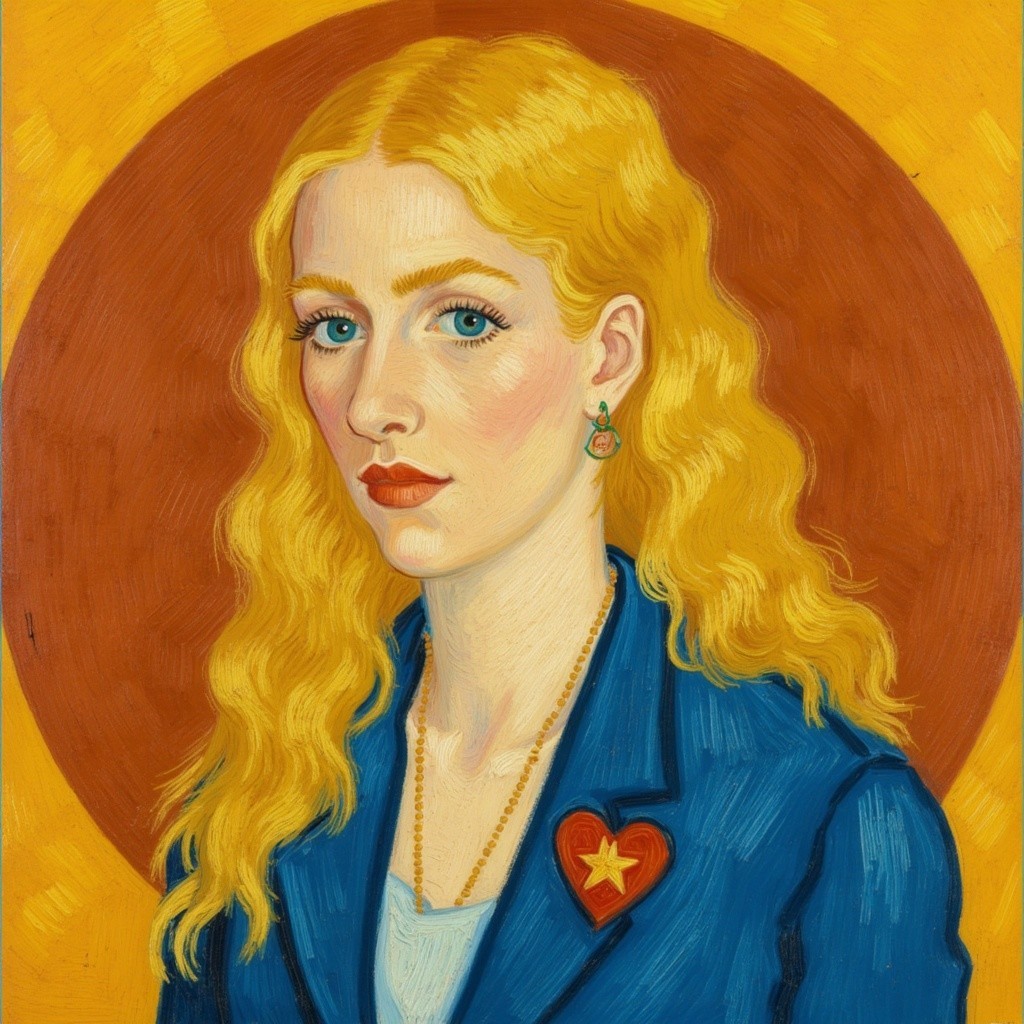 Portrait of a Woman in Blue Blazer with Heart Symbol