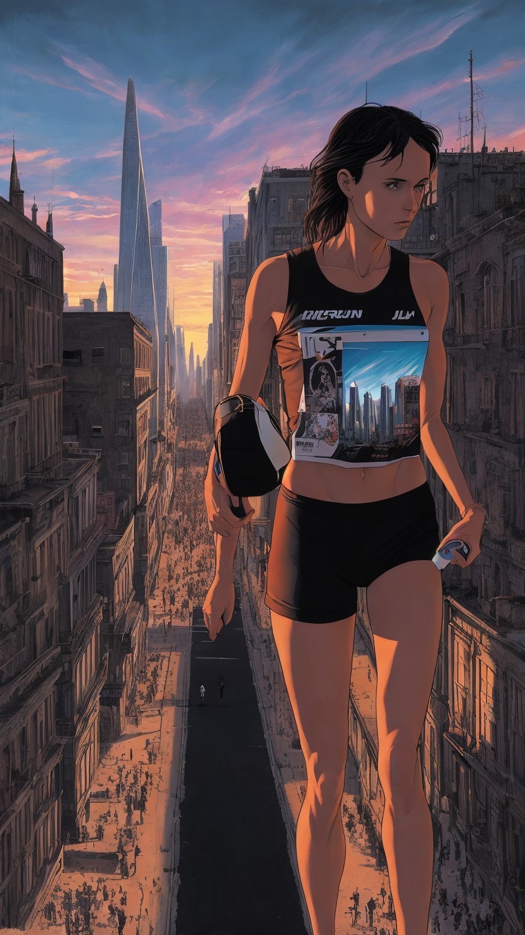 Futuristic cityscape with a female runner at sunset