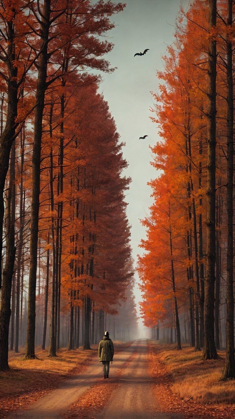 Solitary Figure on Serene Autumn Pathway