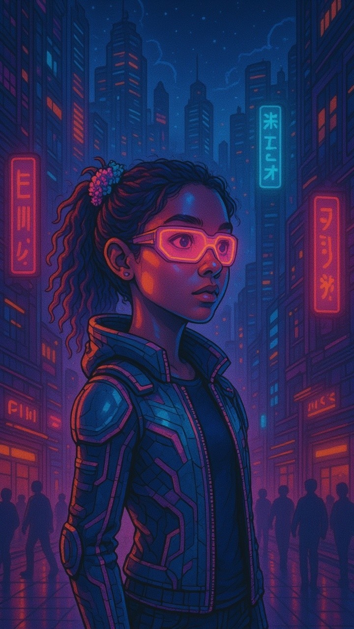 Futuristic cityscape with glowing neon lights and figures
