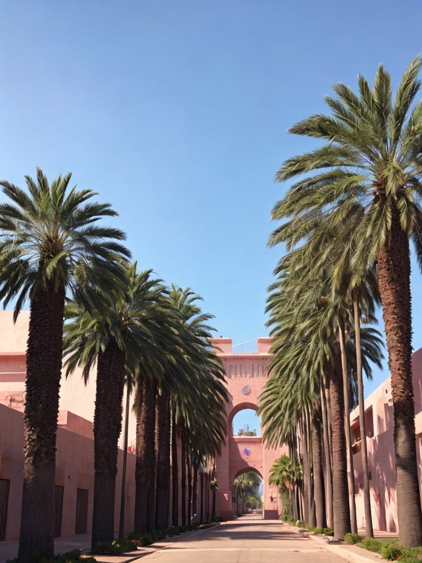 Sunlit Pathway with Palm Trees and Grand Archway