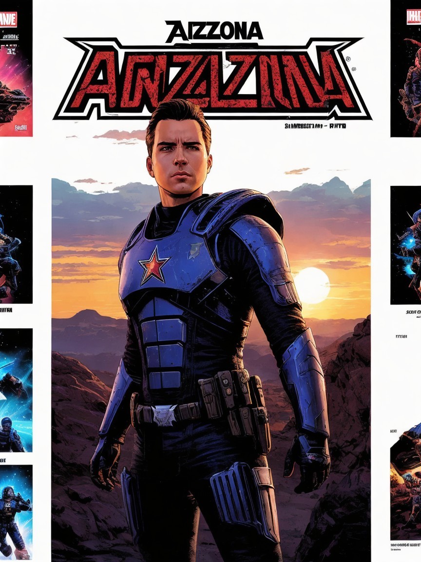 Heroic Figure in Futuristic Suit Against Sunset Background