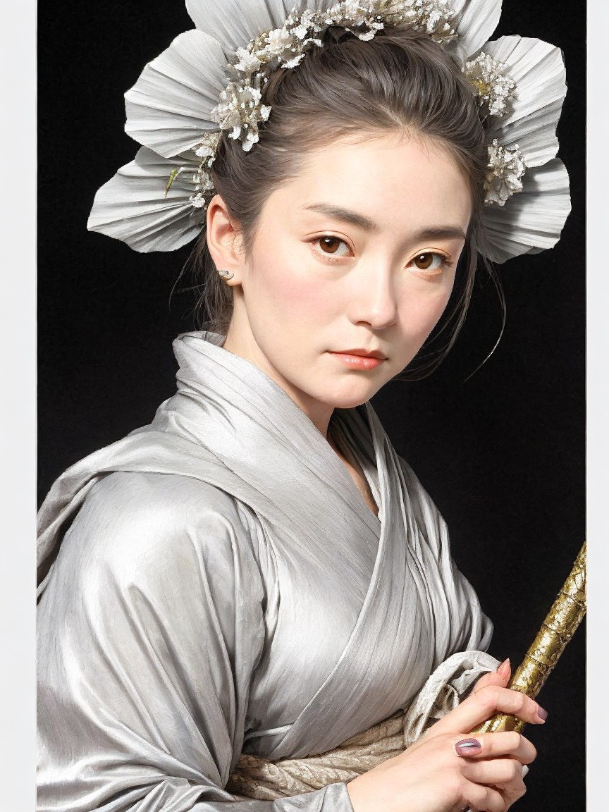 Portrait of a woman in a silver kimono with floral headdress