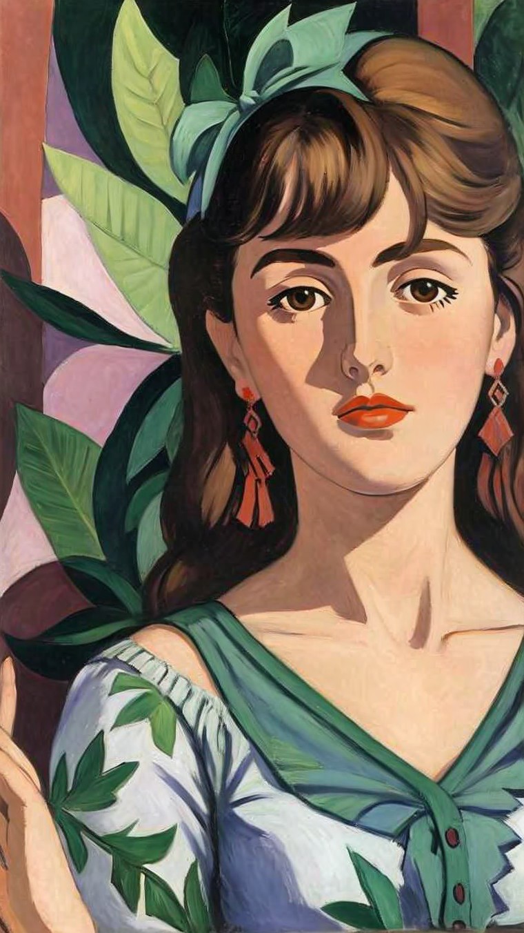 Young Woman in Leaf-Patterned Top Surrounded by Foliage