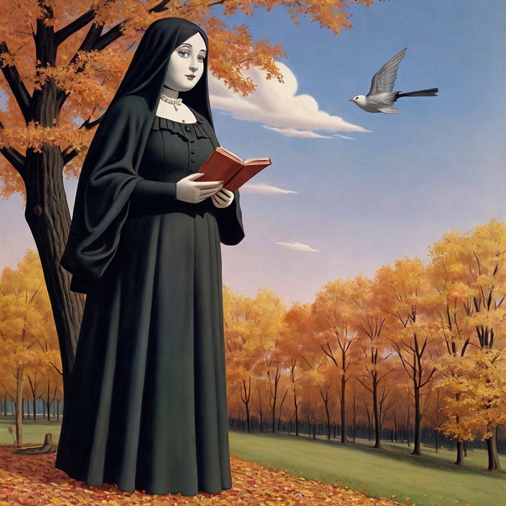 Serene Figure in Black Robe Amidst Autumn Leaves