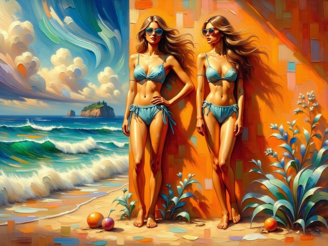 Stylish Women in Blue Bikinis at Vibrant Beach