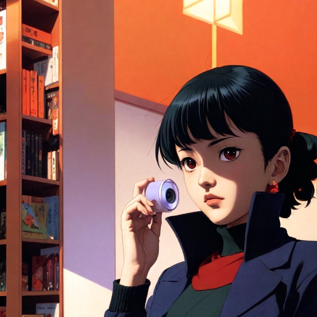 Young Woman with Camera in Cozy Bookstore Setting