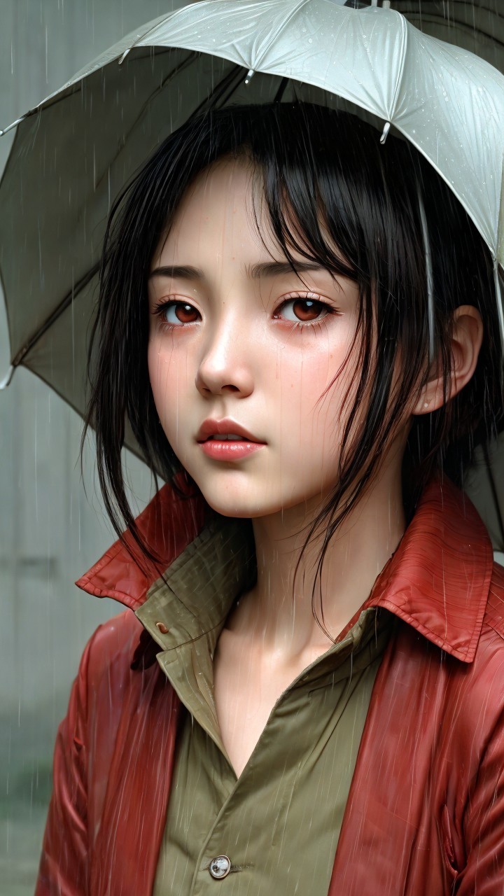 Young woman in rain with umbrella and stylish outfit