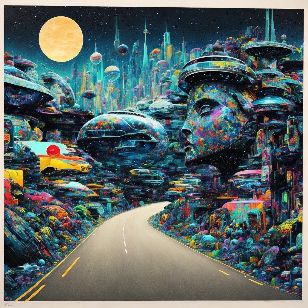 Surreal Landscape with Futuristic City and Night Sky