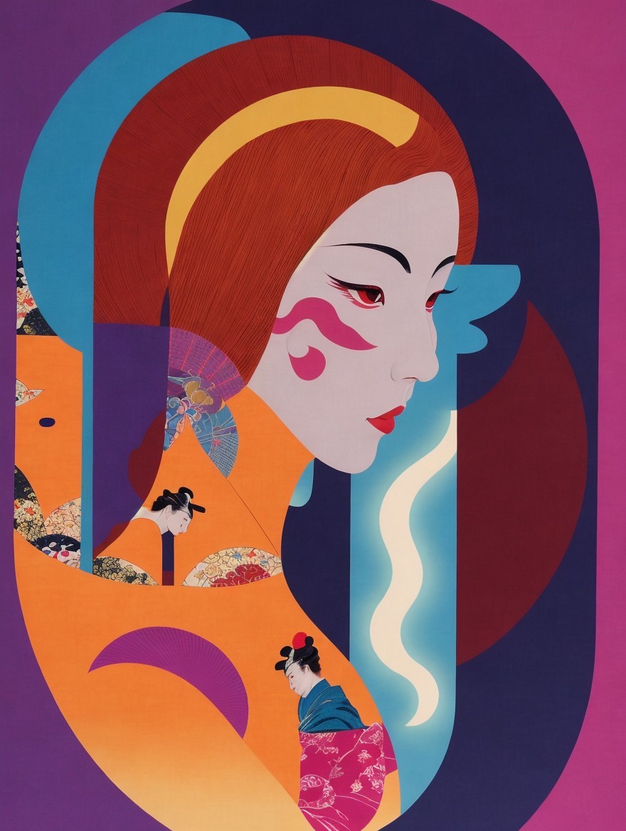 Stylized Portrait of Woman with Vibrant Colors and Kimonos
