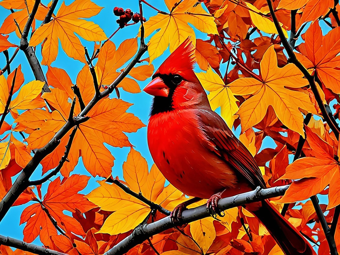 Cardinal on Branch with Autumn Leaves and Blue Sky