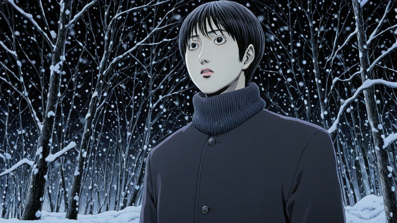 Young man in snowy forest with bare trees at night