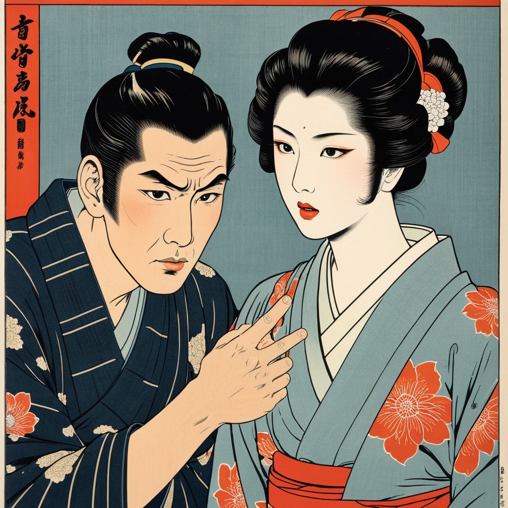 Traditional Japanese Ukiyo-e Print with Kimono Figures