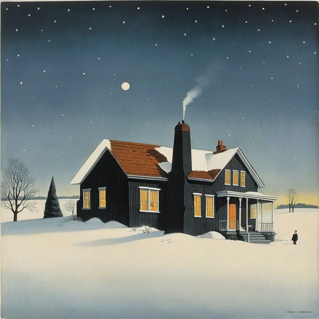 Cozy Black House in Snowy Landscape with Warm Lights