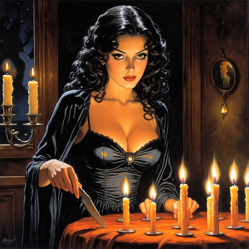 Mysterious Woman in Dimly Lit Room with Candles