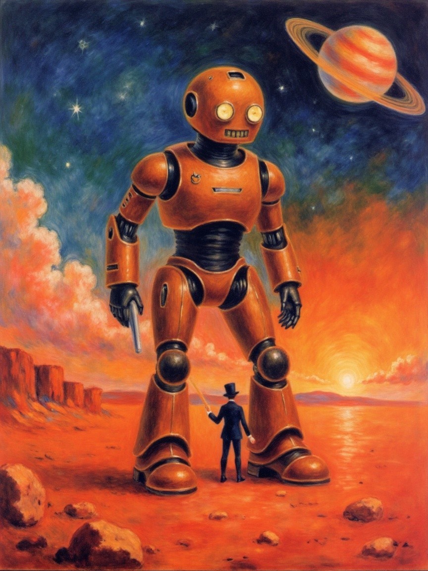Towering Robot in Cosmic Landscape with Small Figure
