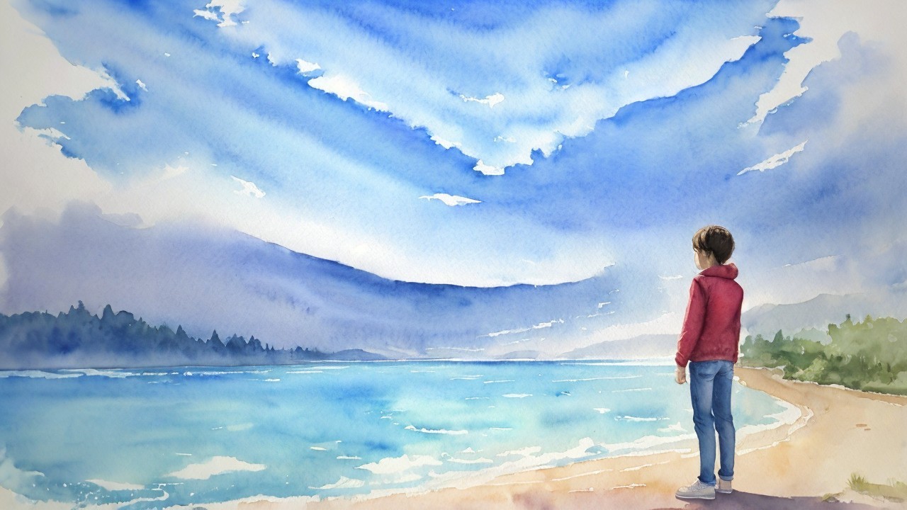 Young Boy on Sandy Shore Gazing at Tranquil Sea