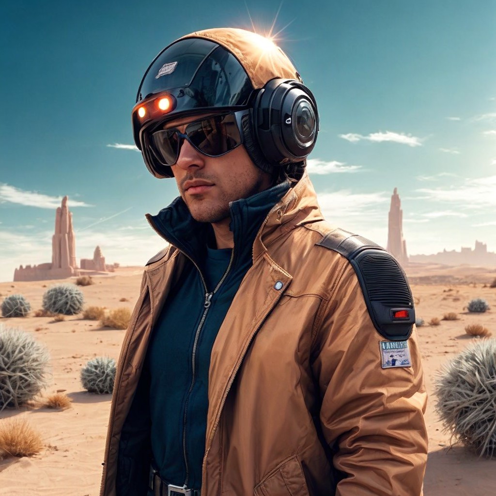 Futuristic Figure in Desert Landscape with Rock Formations