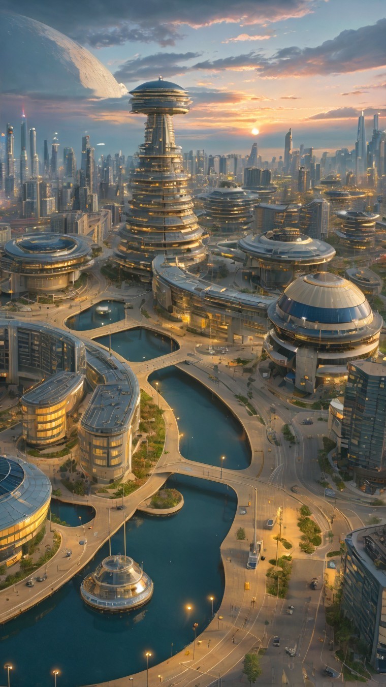 Futuristic cityscape with circular skyscrapers at sunset