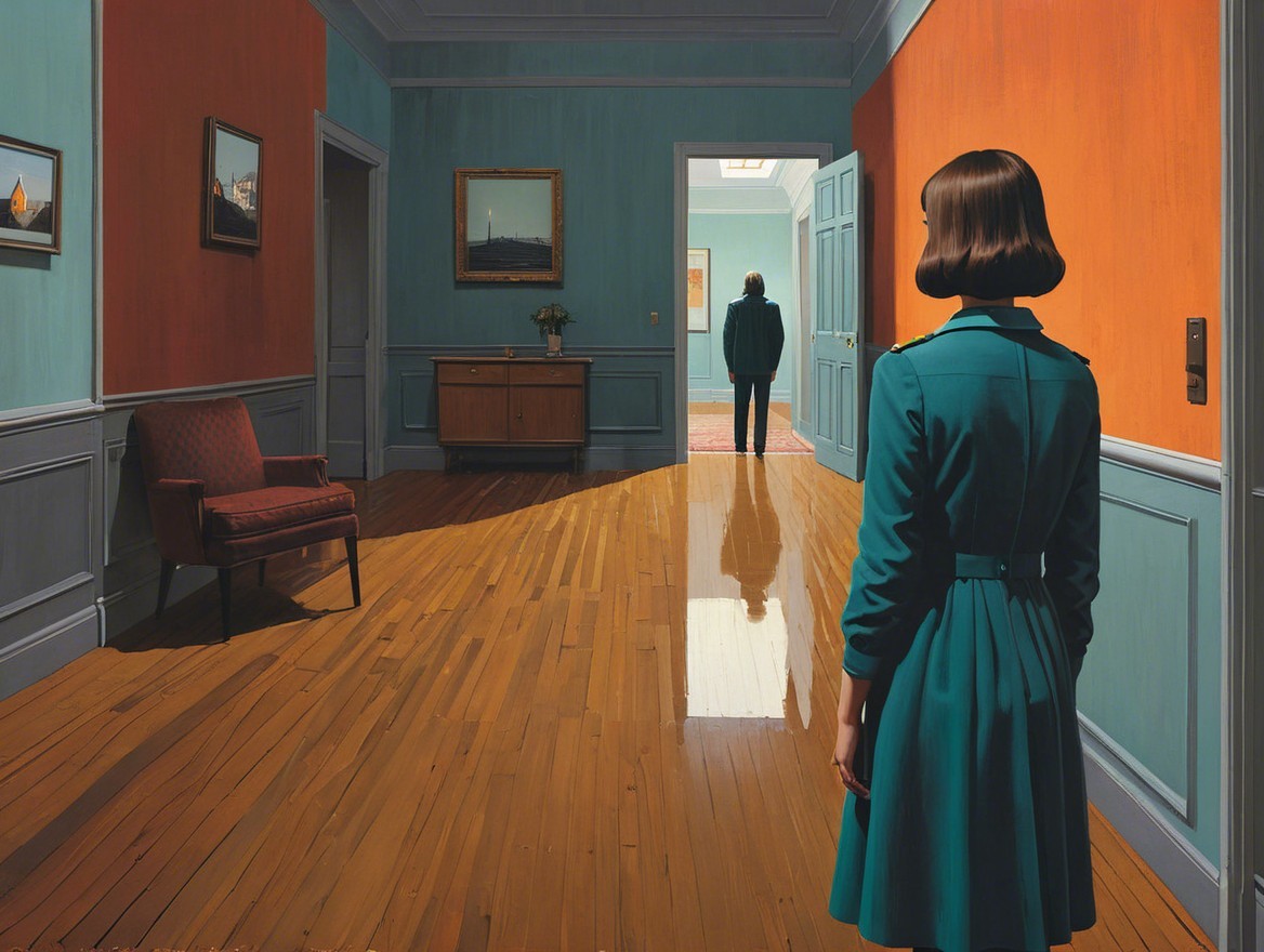 Woman in Teal Coat in Sunlit Corridor with Artworks