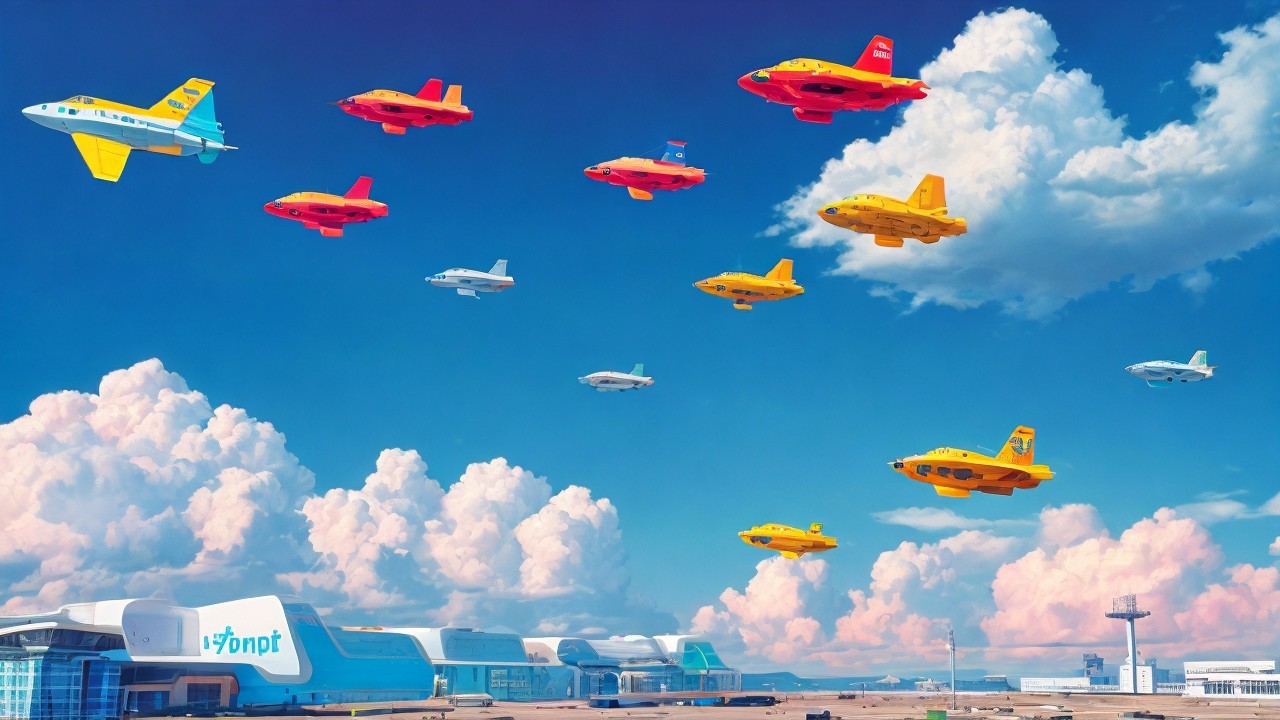 Colorful Aircraft Flying Over Modern Airport Scene