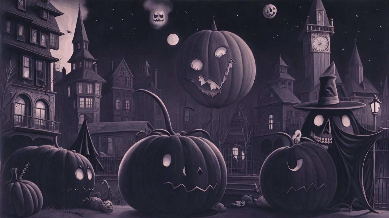 Black and White Halloween Scene with Eerie Pumpkins