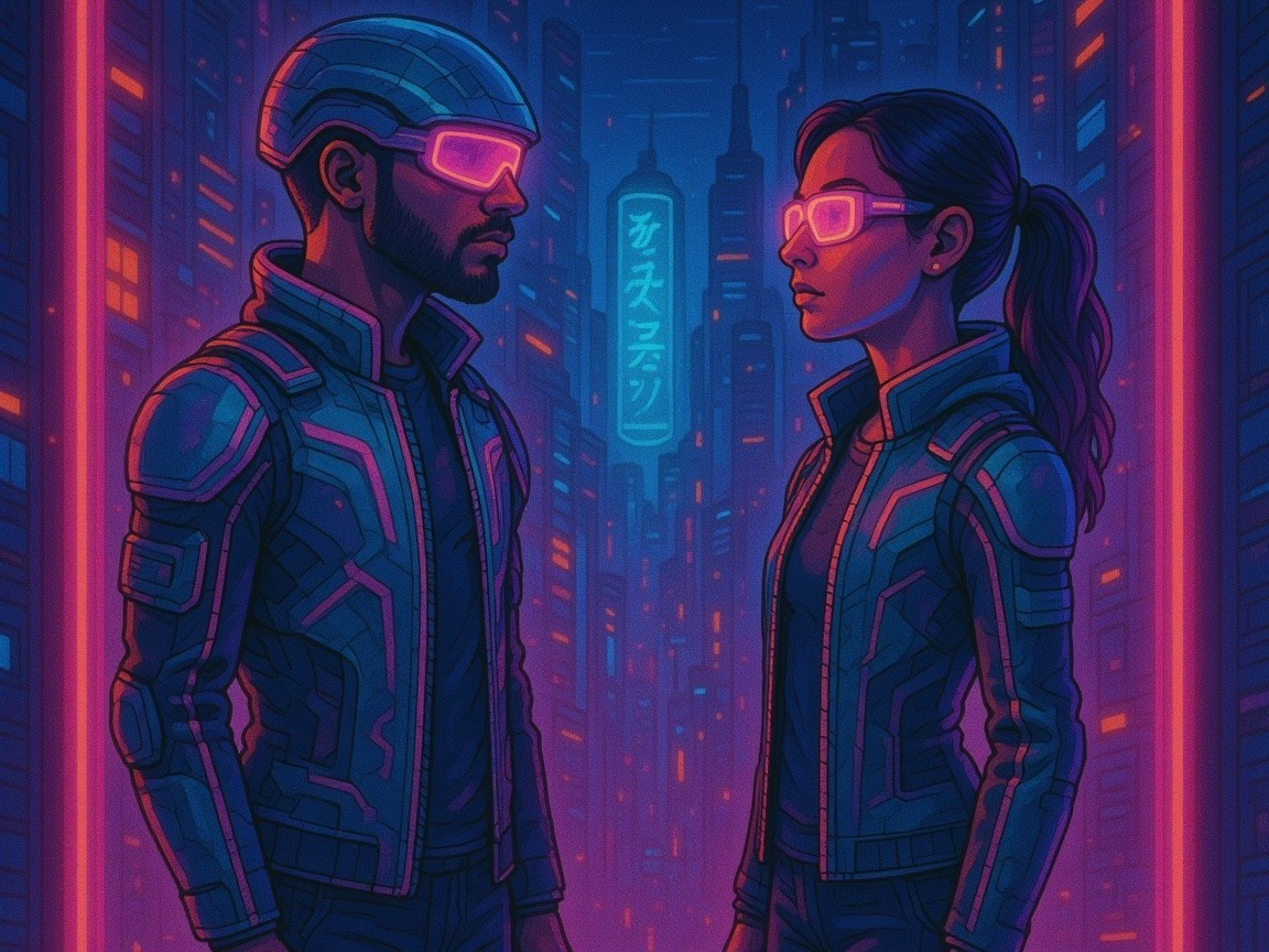 Futuristic Cityscape with Neon-Lit Figures and Skyscrapers