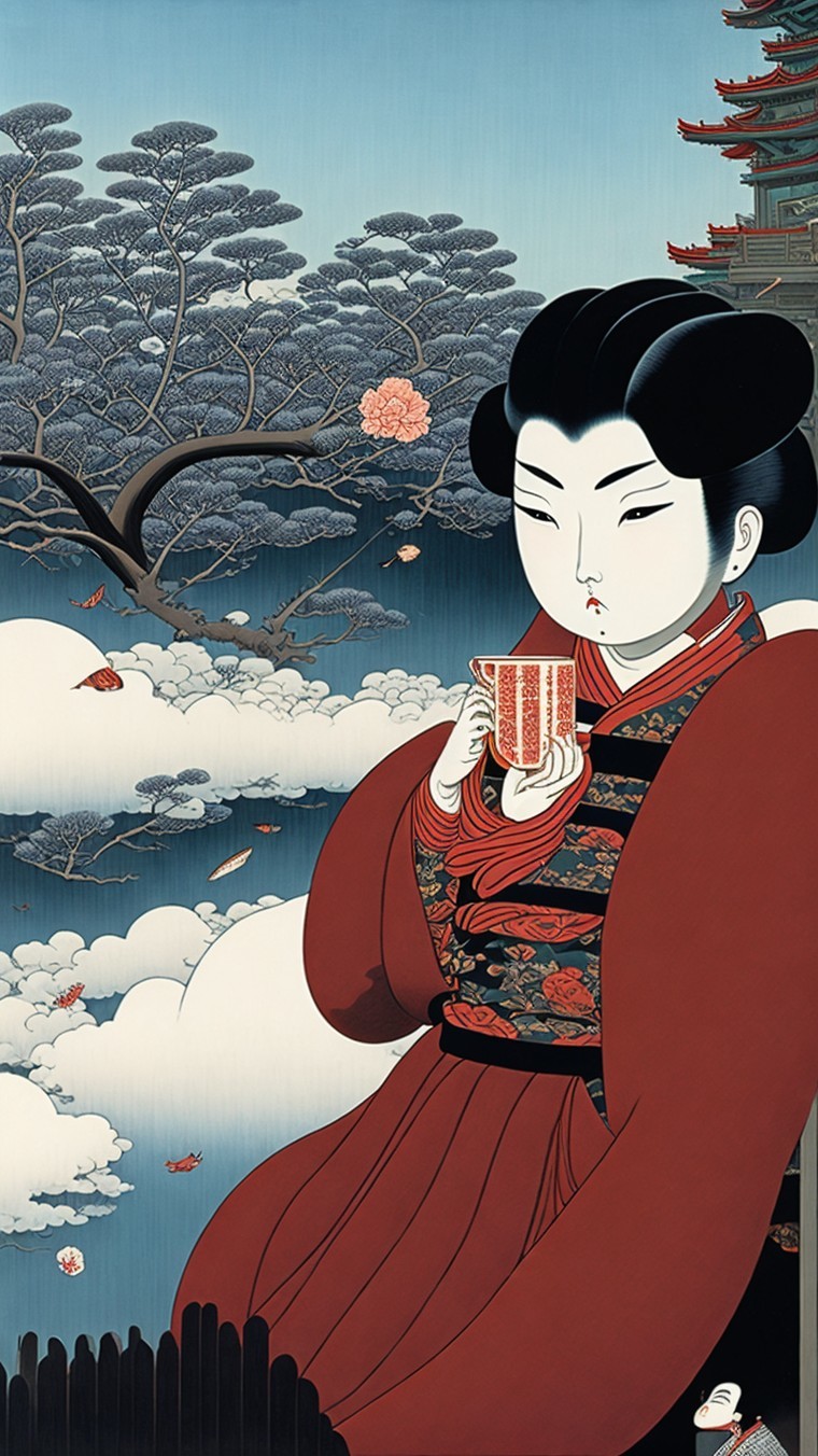 Traditional Japanese Woman in Vibrant Kimono with Tea