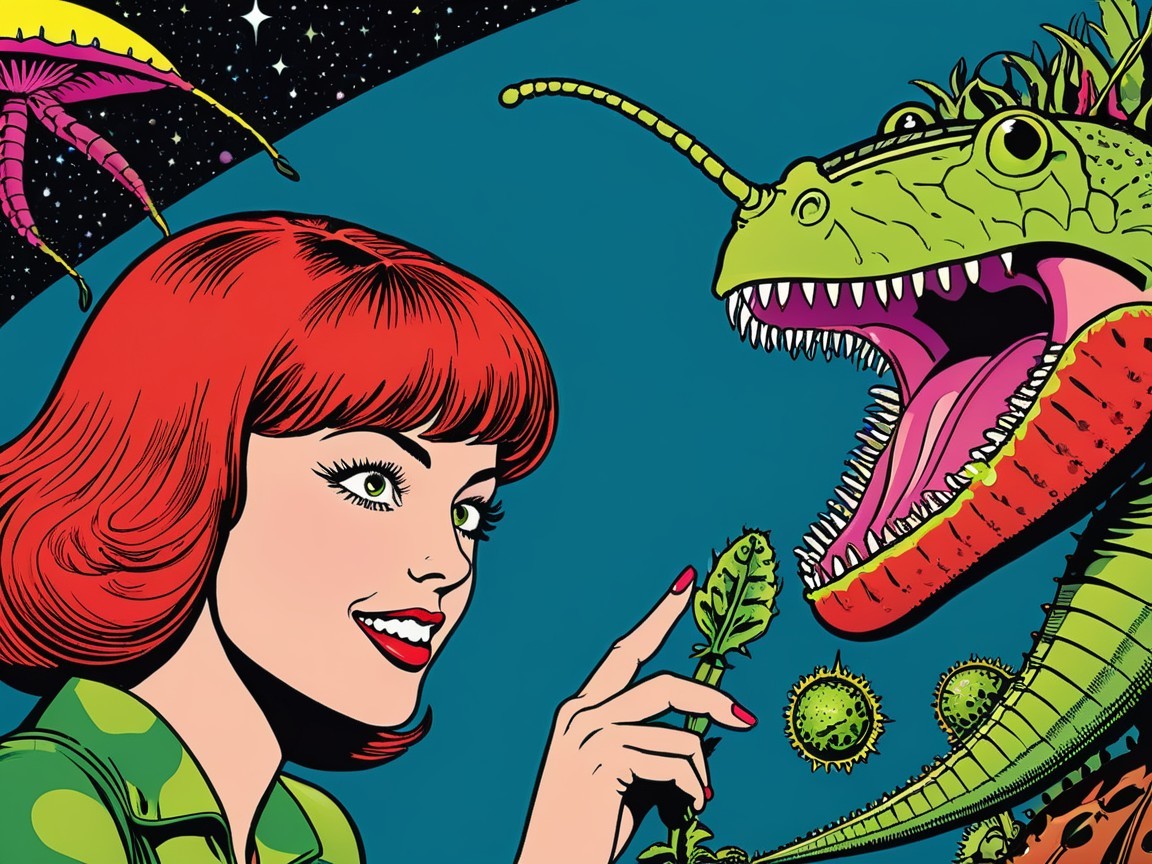 Retro-style illustration of a woman and alien creature