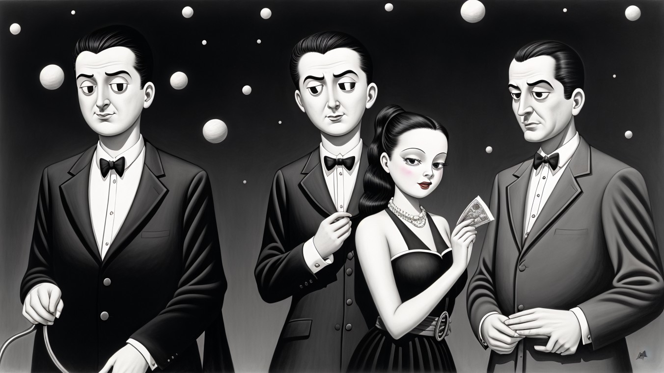 Elegant Black-and-White Scene with Tuxedoed Men and Woman