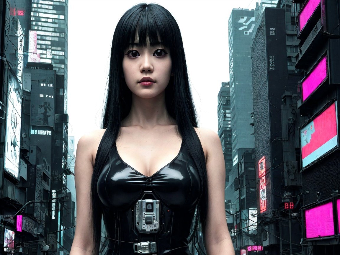 Futuristic cityscape with woman in high-tech fashion
