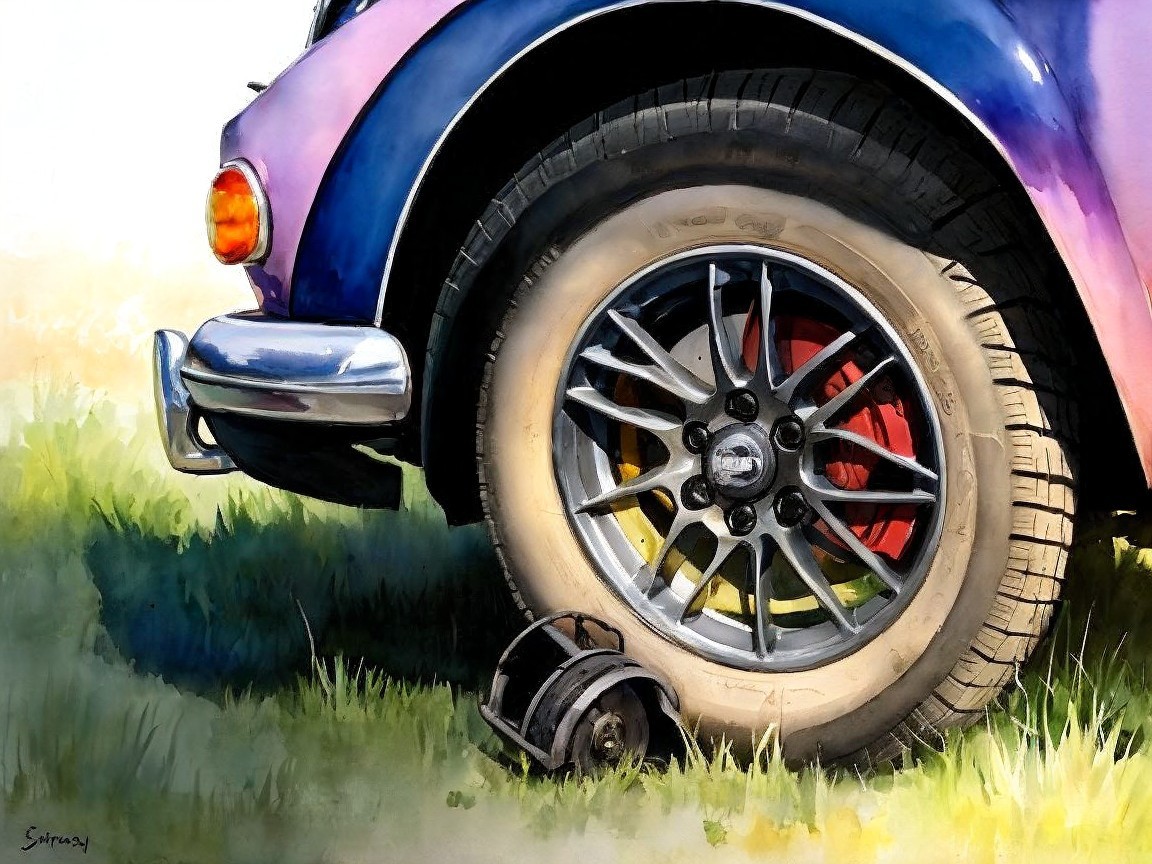 Close-Up of Vintage Car Wheel in Watercolor Illustration