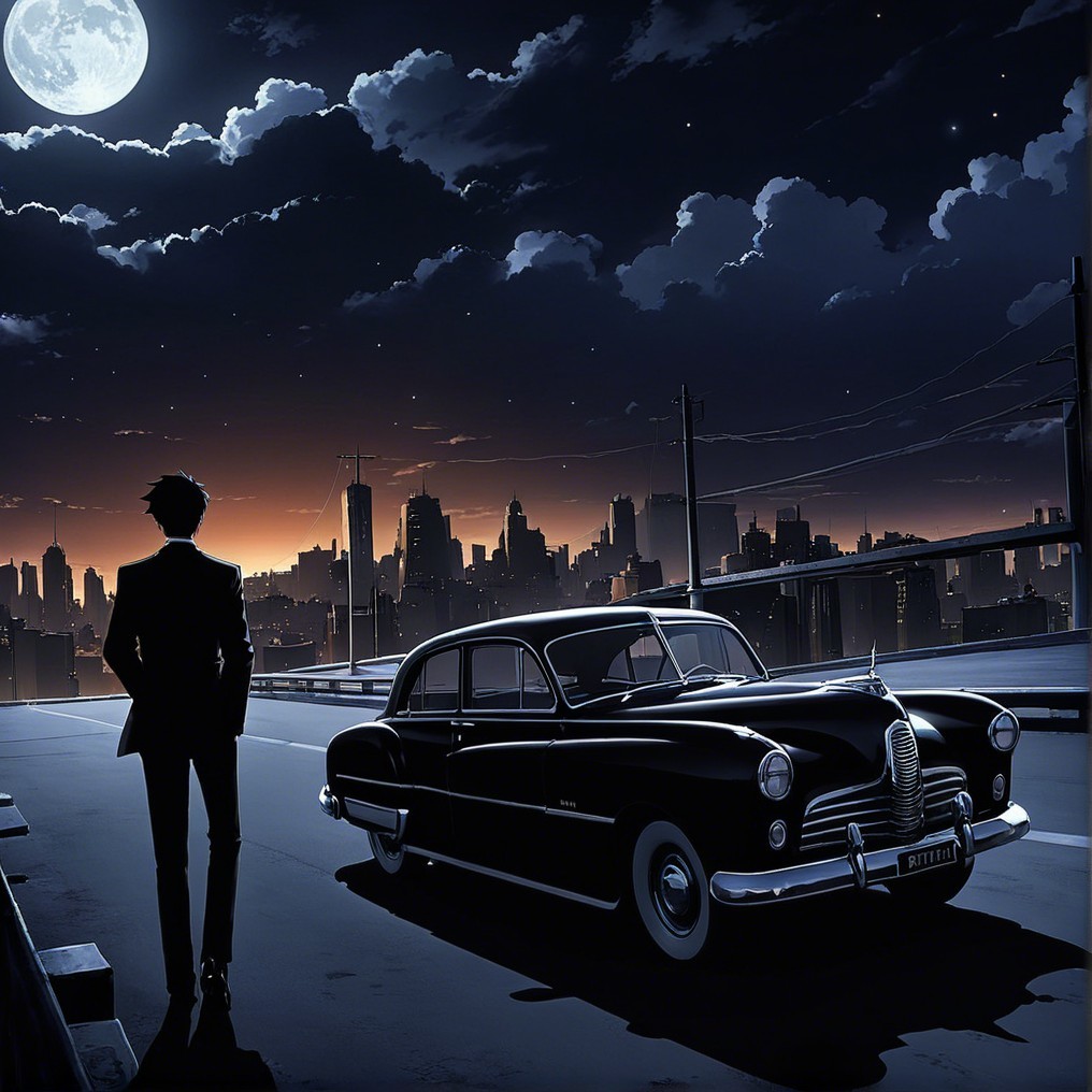 Lone Figure in Black Suit by Vintage Car at Night