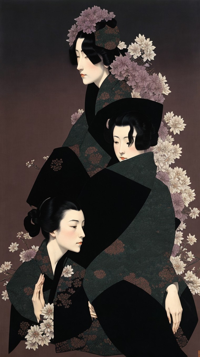Elegant Women in Traditional Kimonos with Floral Motifs