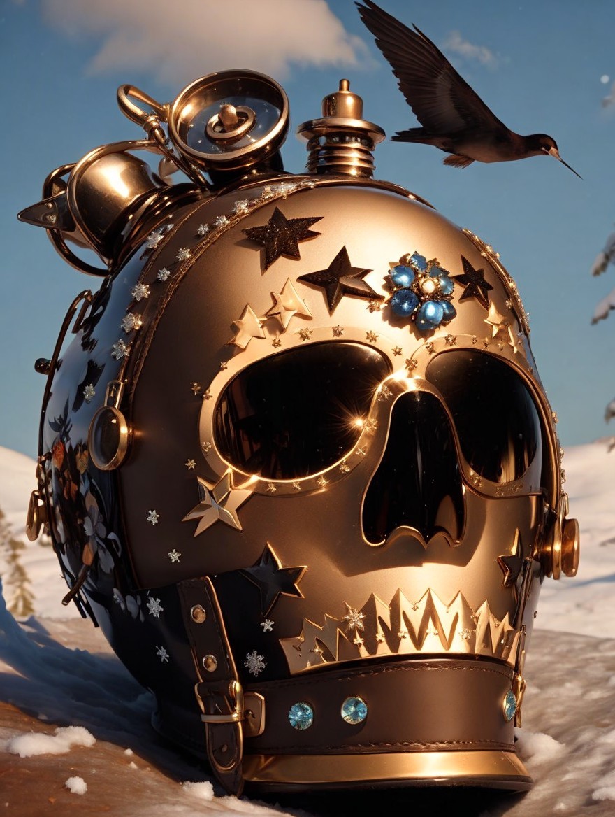 Ornate Steampunk Skull with Metallic Elements and Bird