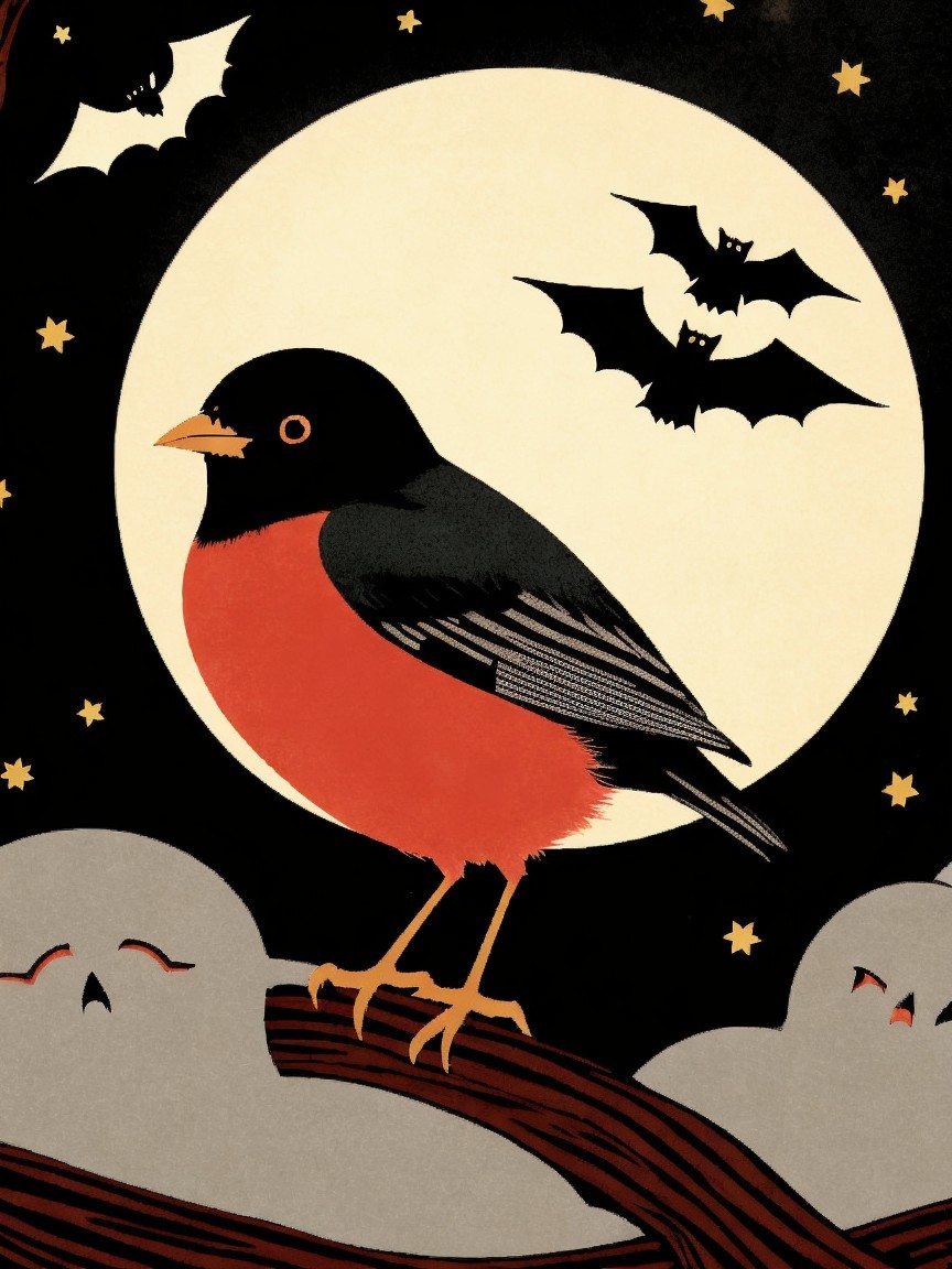 Vibrant Bird Illustration in Halloween Night Setting