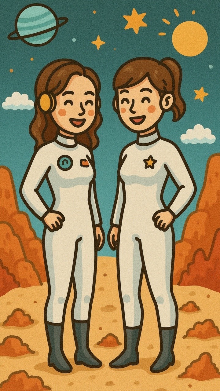 Astronauts on Rocky Landscape with Distant Planet Background