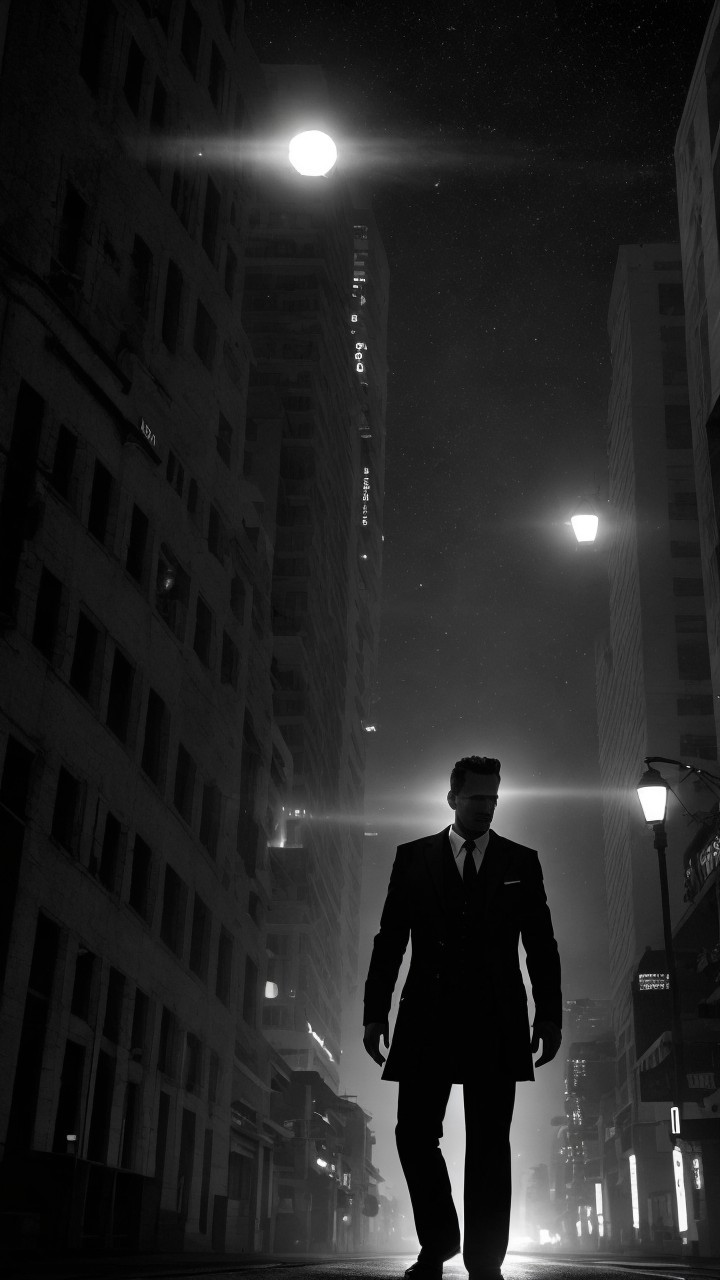 Mysterious Figure in Black Suit on Dimly Lit Street