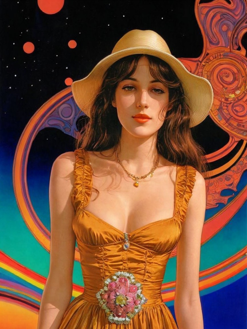 Young Woman in Golden Dress in Surreal Setting