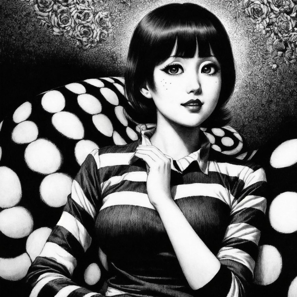 Black and White Illustration of Woman with Roses