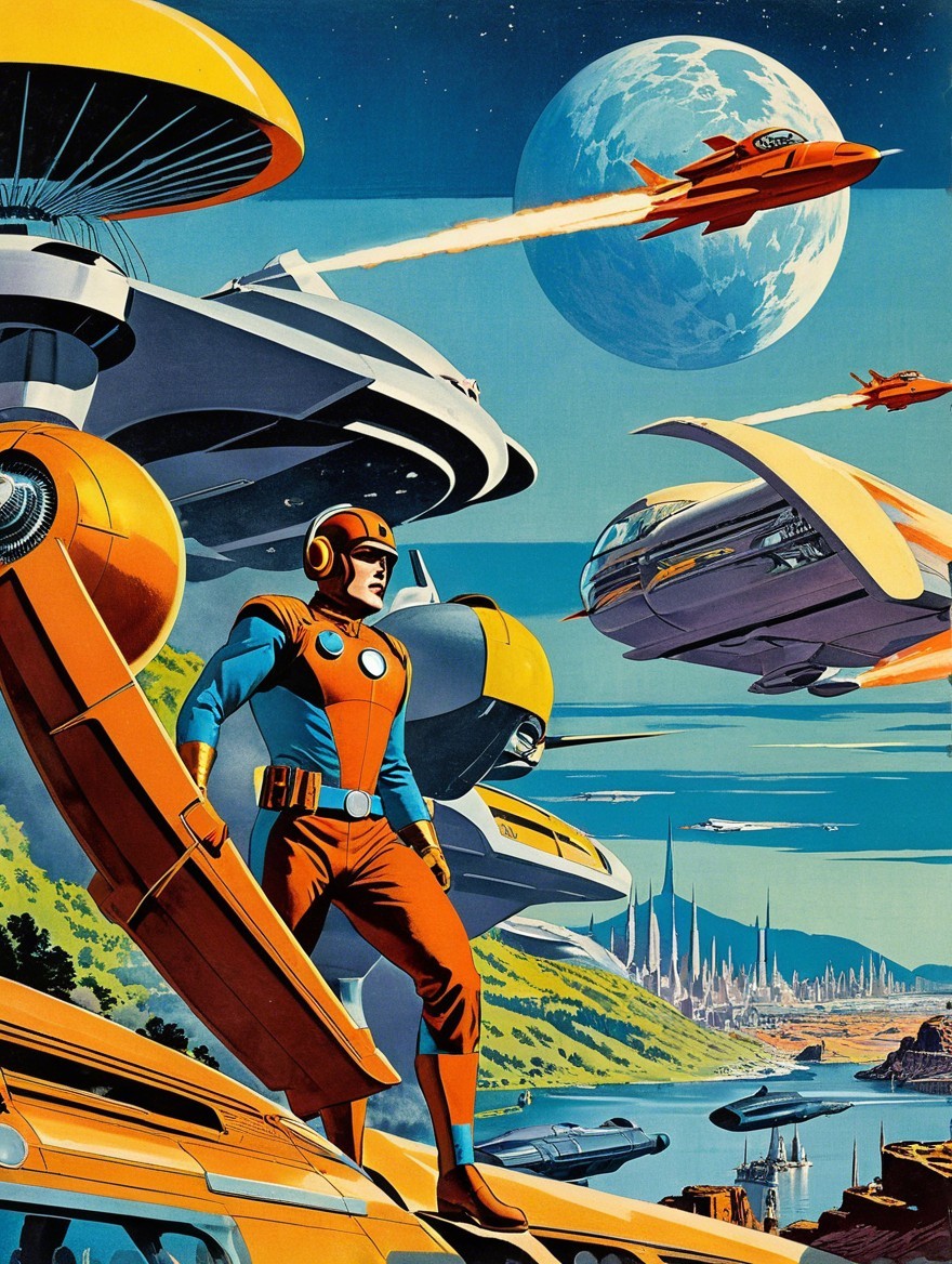 Futuristic Hero on Spaceship with Vibrant Sky and Moon