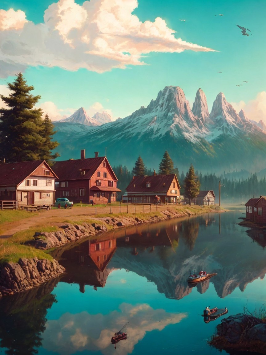 Charming Wooden Houses by a Calm River Landscape