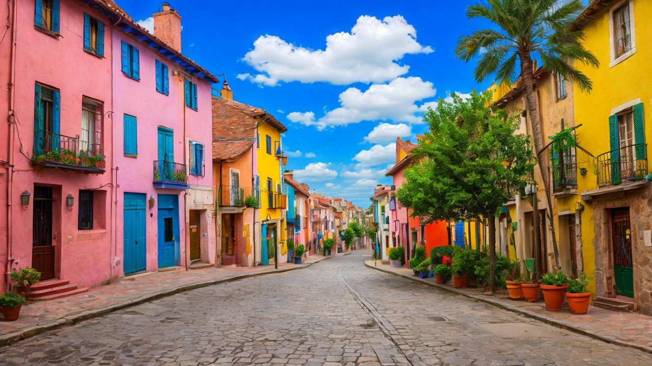 Vibrant Street Scene with Colorful Houses and Greenery