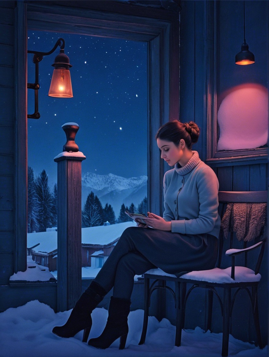 Woman in cozy cabin reading by a snow-covered window